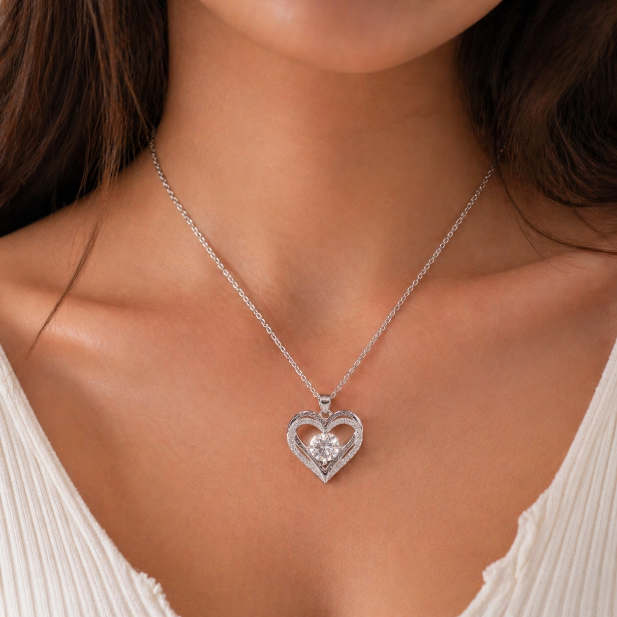 NATG145 925 Silvery Plated 1-Carat Moissanite Necklace – Elegant Heart-Shaped Pendant - Image 1