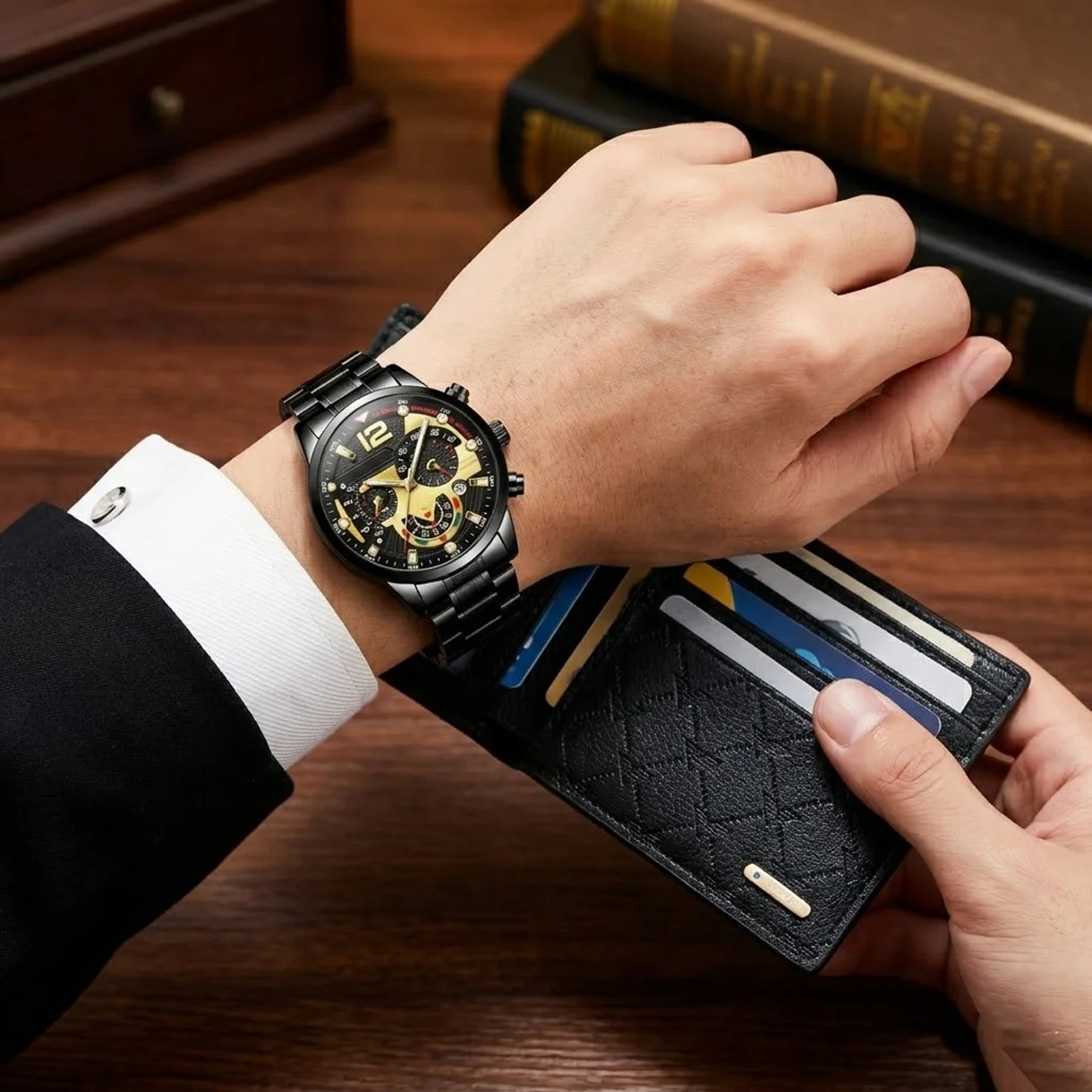 11 2pcs Men's Business Style Fashion Watch Set with Wallet – Perfect Gift for Holidays - Image 1