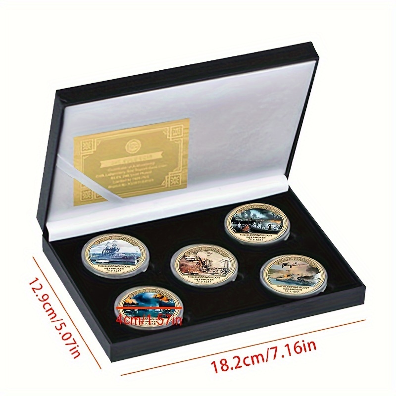 67fef099-b144-4f45-983e-9a0625a3c361.jpg Set of 5 Pearl Harbor Metal Commemorative Coins with Gift Box - Image 1