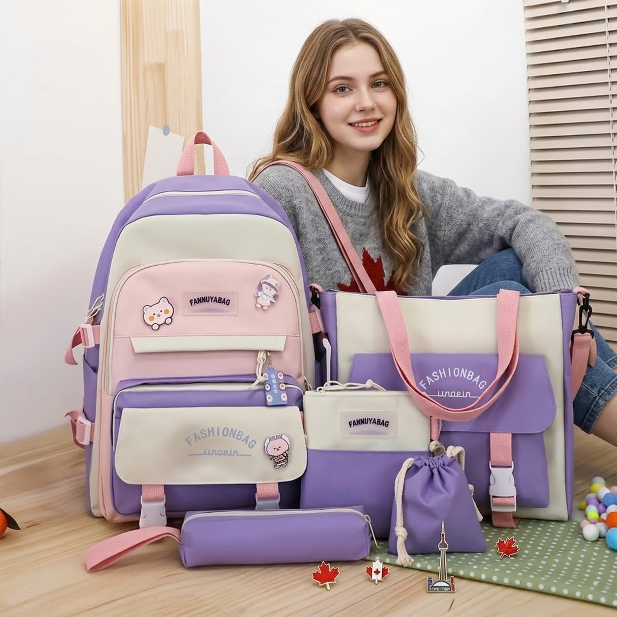 NATG300 5pcs Cute Lightweight Backpack Set with Shoulder Bag & Pencil Case - Image 1
