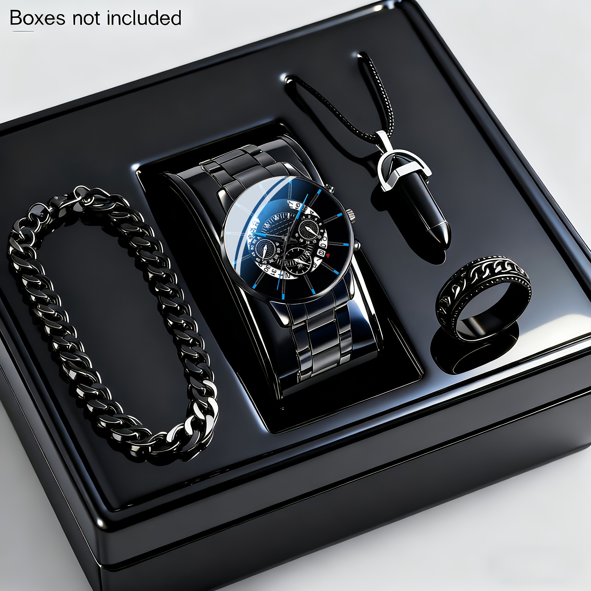 bf592b14-7e43-4e74-a598-4575f959166c.jpg 4pcs Men's Elegant Fashion Steel Strap Watch, Necklace, Bracelet, and Ring Set - Image 1