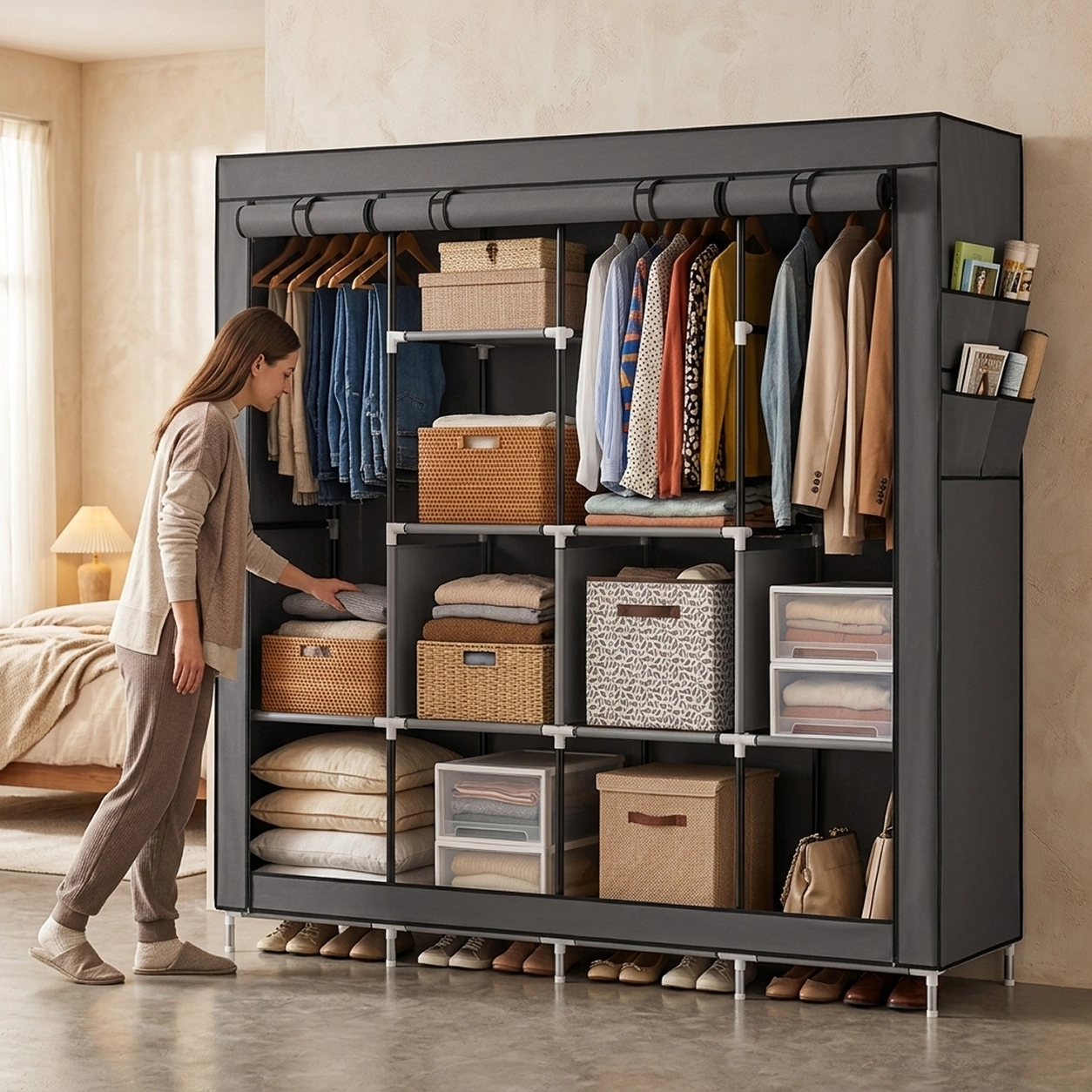 NATG407 Portable Closet Large Wardrobe Organizer – 6-Shelf Storage Rack with Hanging Sections & Side Pockets - Image 1