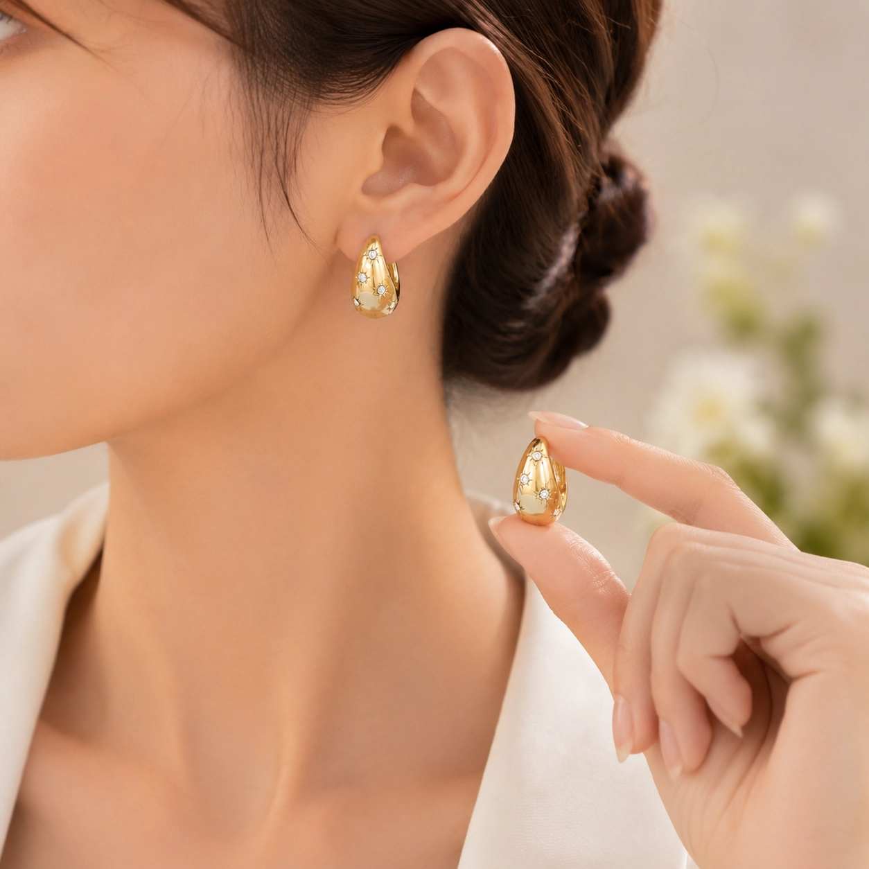 NATG428 Premium Light-Sensitive Teardrop Earrings with Starburst Moissanite – Elegant Chubby Hoop Luxury Jewelry - Image 1