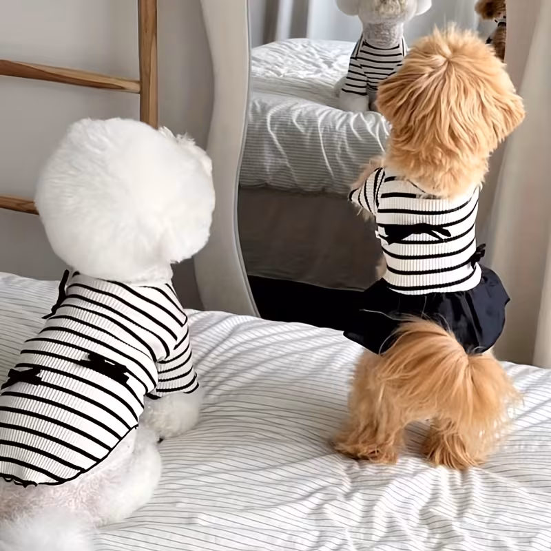 Stretchy Striped Simple Breathable Dog and Cat Clothing – Thin Dress for Small Dogs, Suitable for All Seasons with Sleeves