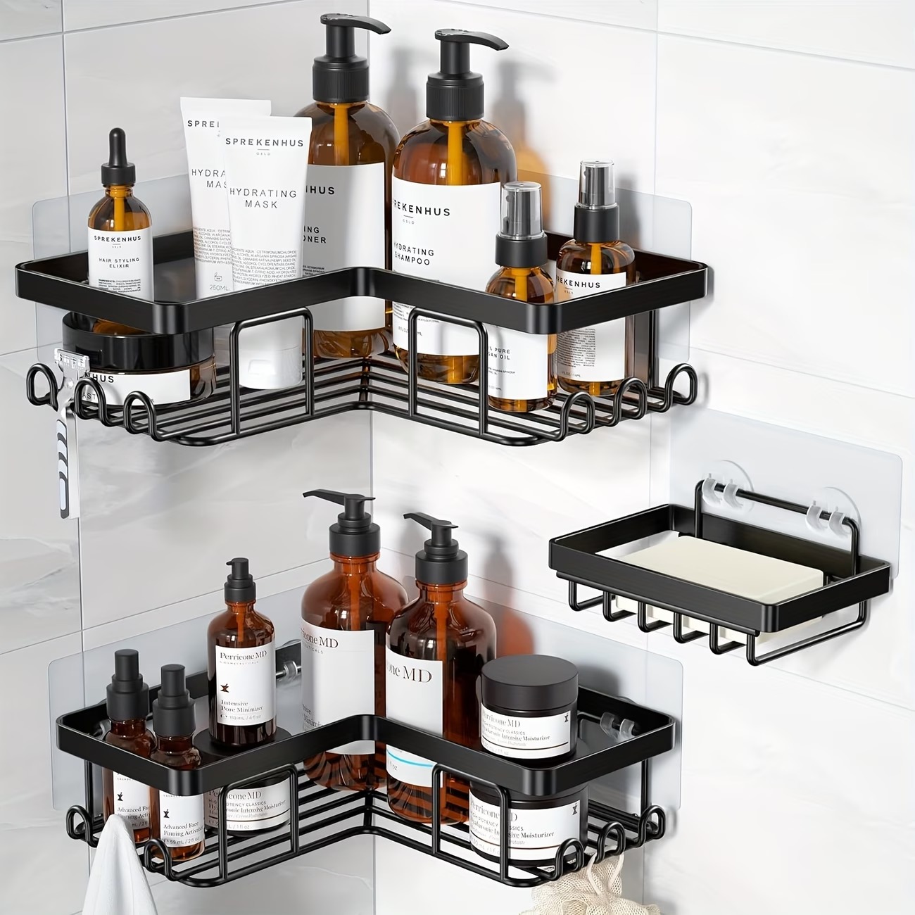 3-Pack Shower Caddy Organizer – Wall-Mounted Corner Shower Shelves with Soap Holder & Hooks (1) 3-Pack Shower Caddy Organizer – Wall-Mounted Corner Shower Shelves with Soap Holder & Hooks