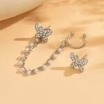 Butterfly Pearl Chain Ear Cuff Clip Earrings – No Piercing, Rhinestone Tassel Design - Image 3