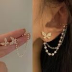 Butterfly Pearl Chain Ear Cuff Clip Earrings – No Piercing, Rhinestone Tassel Design - Image 2