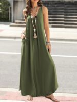 Long Dress – Women's Spring/Summer/Autumn Casual Solid Color Sleeveless V-Neck Dress