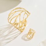 Retro Hollow Leaf Open Bangle & Ring Set (2-Piece) - Image 12