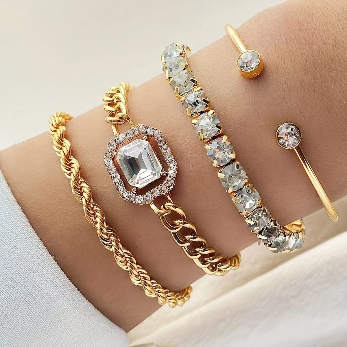 imgi_17_63607f27-33be-4681-a96d-2d8b10486d2f Women's Statement Punk Style Twisted Chain Rhinestone Bracelet Set - 4pcs - Image 1